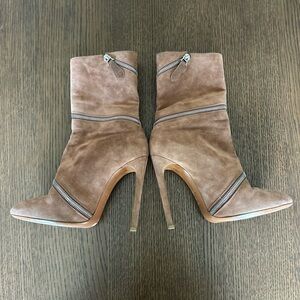 Alaia Taupe Suede High Heel Boots with Zipper Accents